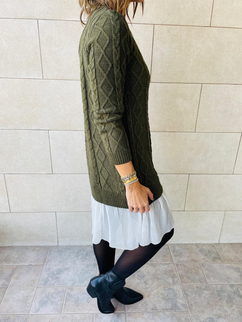 Olive Cable Plisse Hem Tunic