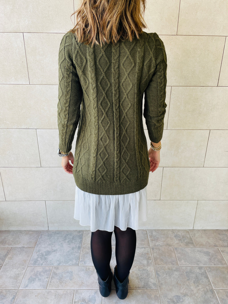 Olive Cable Plisse Hem Tunic
