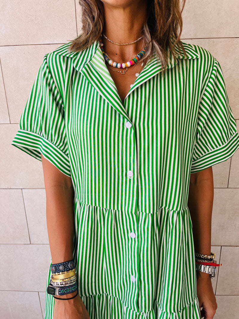 Green Pinstripe Maxi Tiered Dress