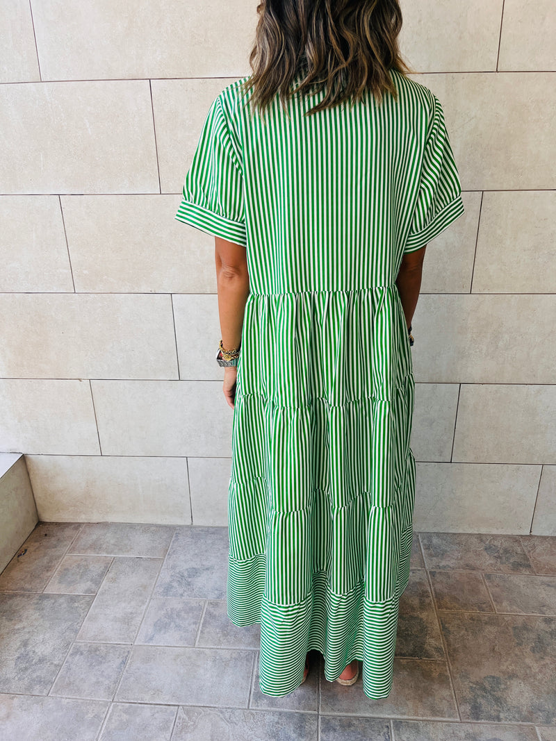 Green Pinstripe Maxi Tiered Dress