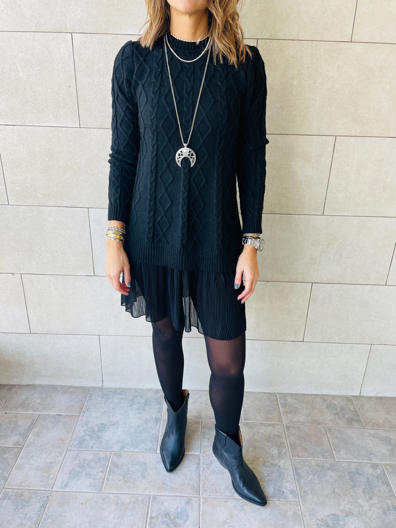 Black Cable Plisse Hem Tunic