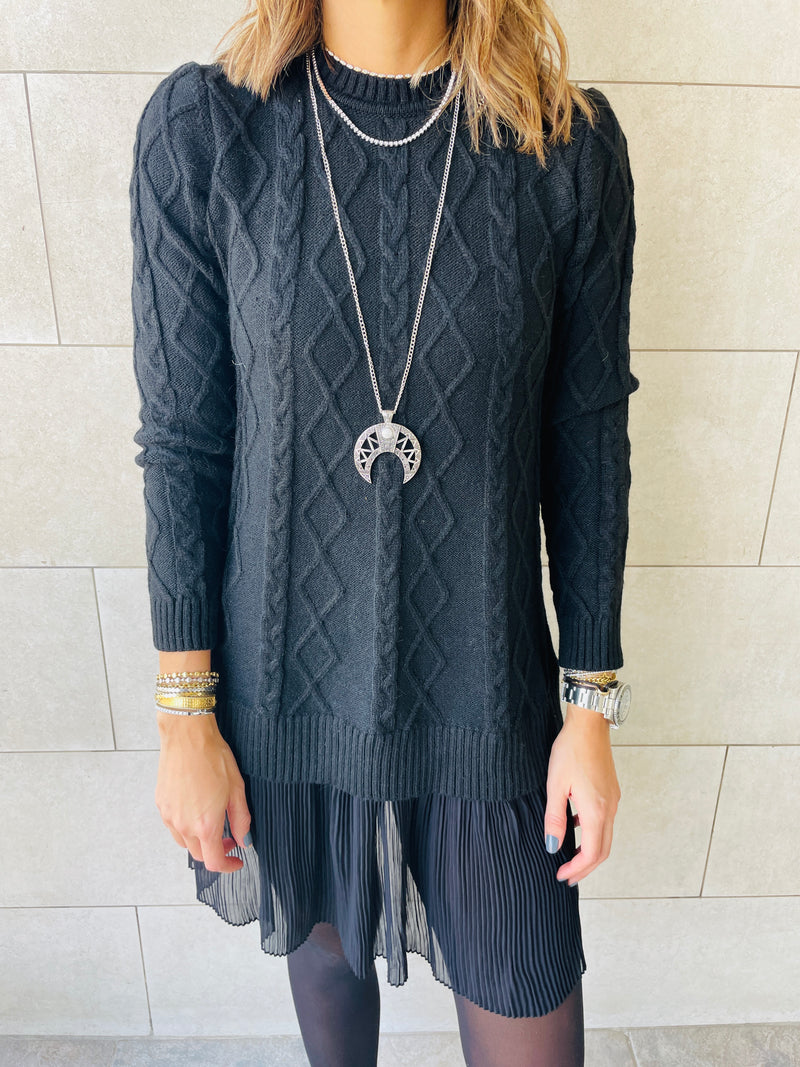 Black Cable Plisse Hem Tunic
