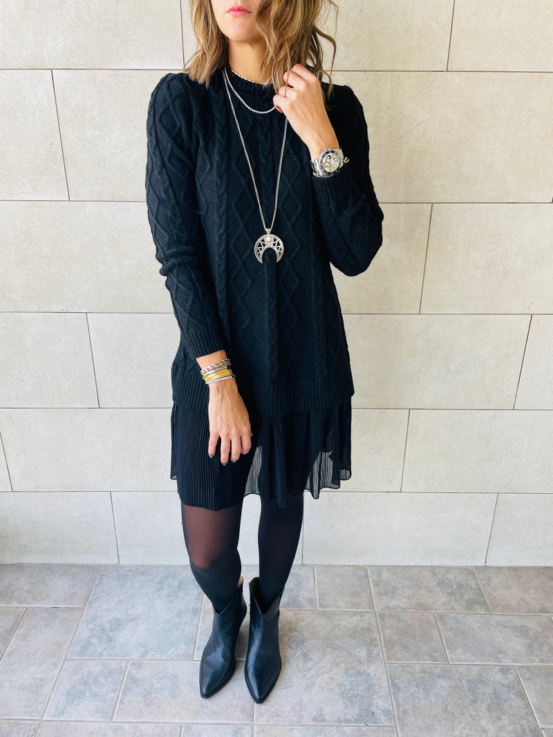 Black Cable Plisse Hem Tunic