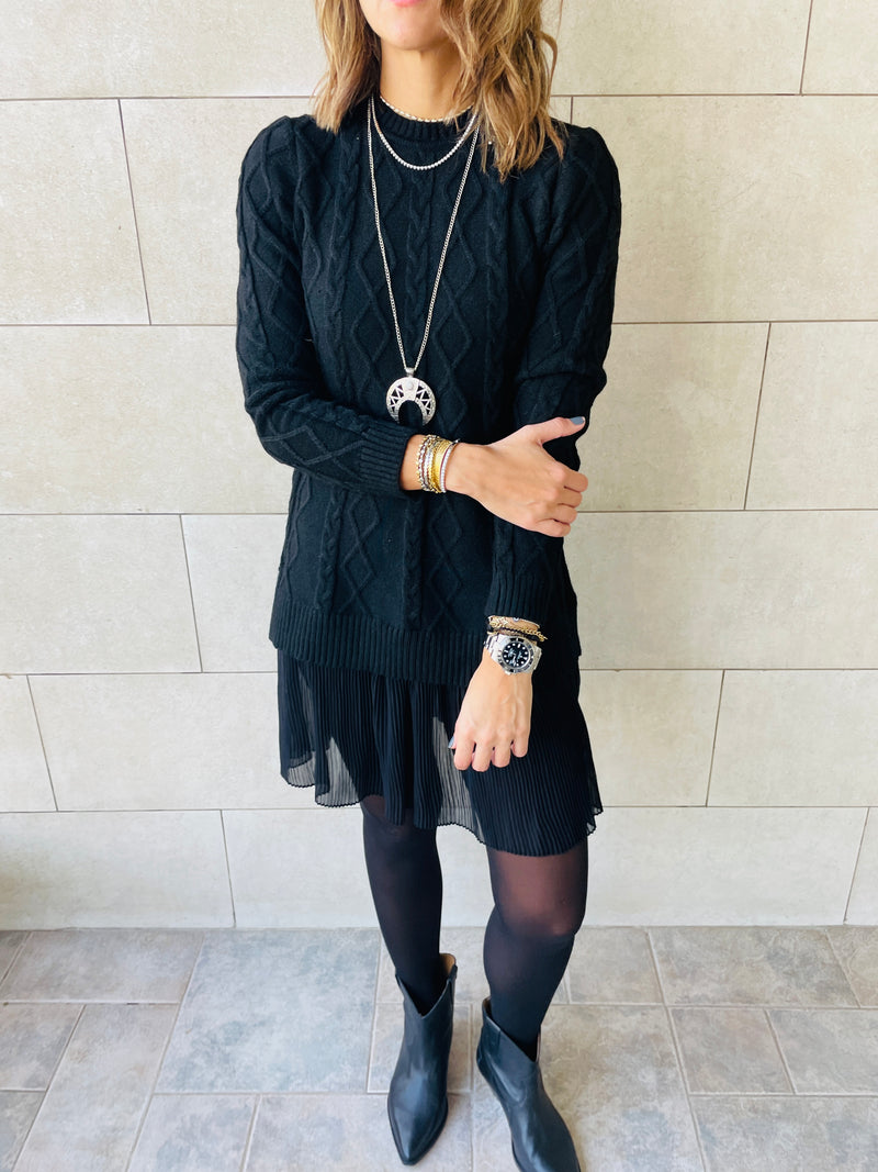 Black Cable Plisse Hem Tunic