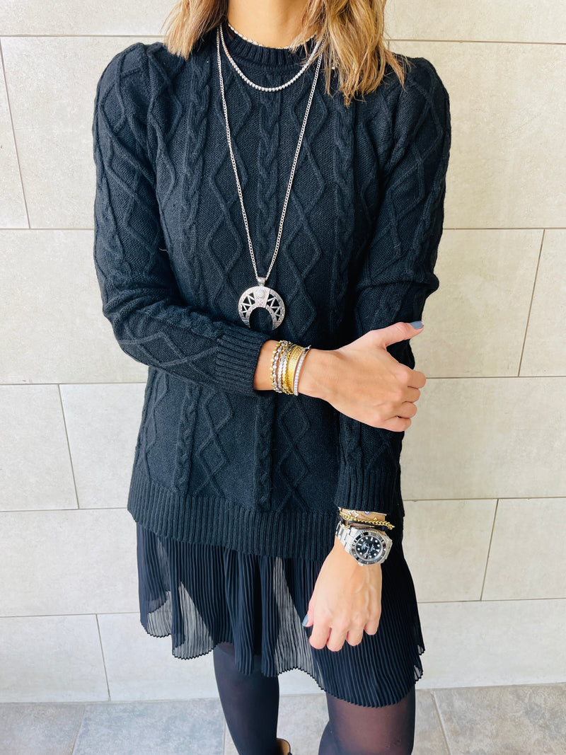 Black Cable Plisse Hem Tunic