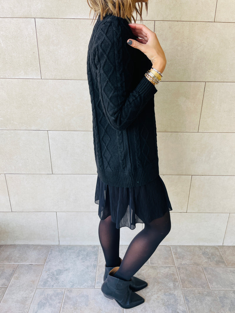 Black Cable Plisse Hem Tunic