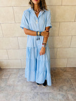 Blue Pinstripe Maxi Tiered Dress