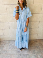 Blue Pinstripe Maxi Tiered Dress