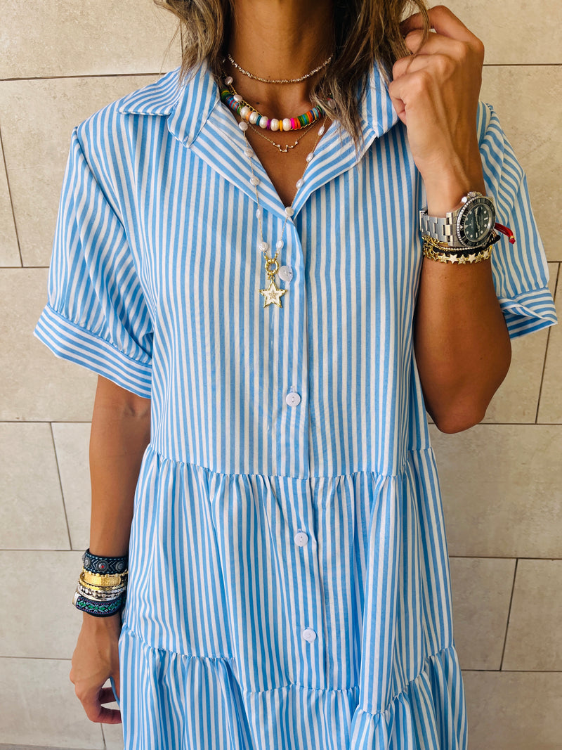 Blue Pinstripe Maxi Tiered Dress