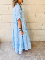 Blue Pinstripe Maxi Tiered Dress