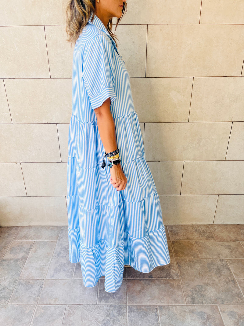 Blue Pinstripe Maxi Tiered Dress