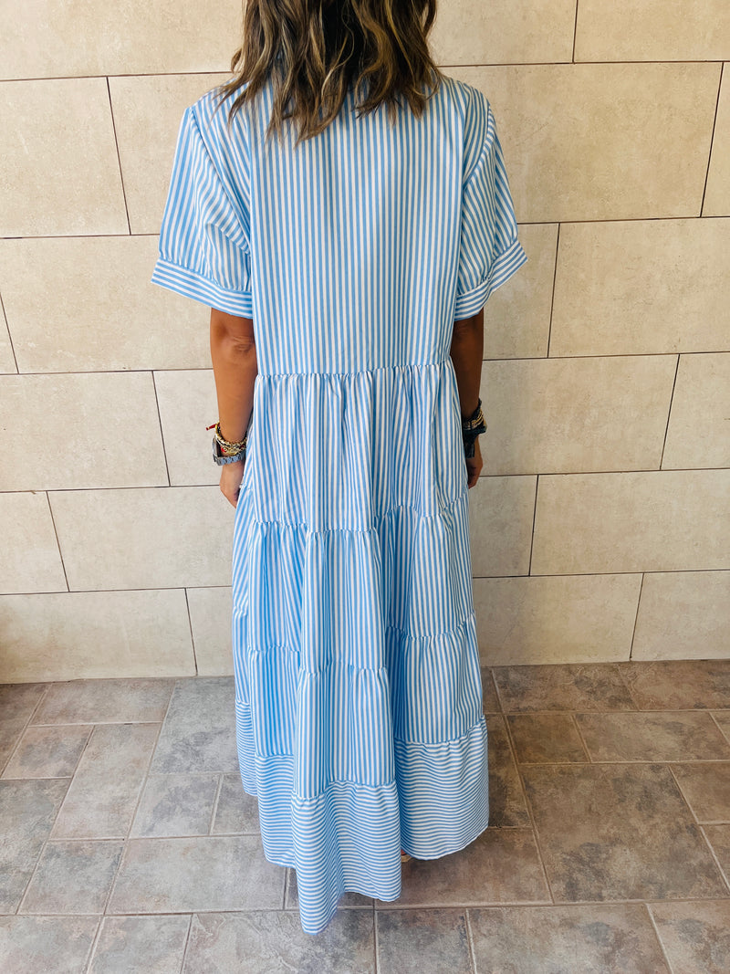 Blue Pinstripe Maxi Tiered Dress