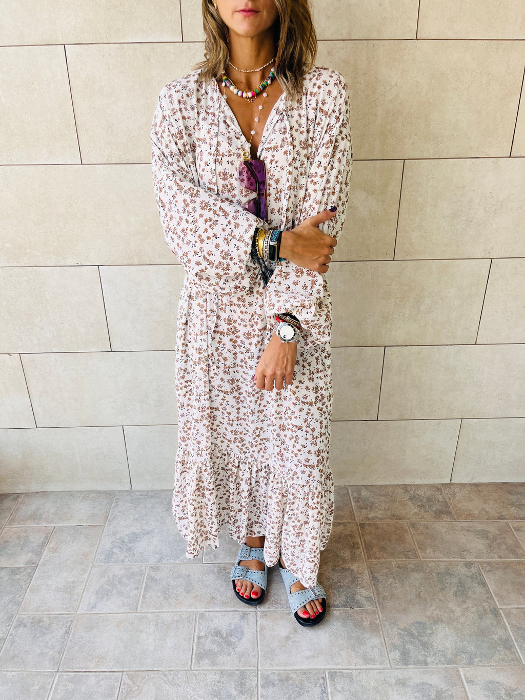 White Fall Floral Printed Dress