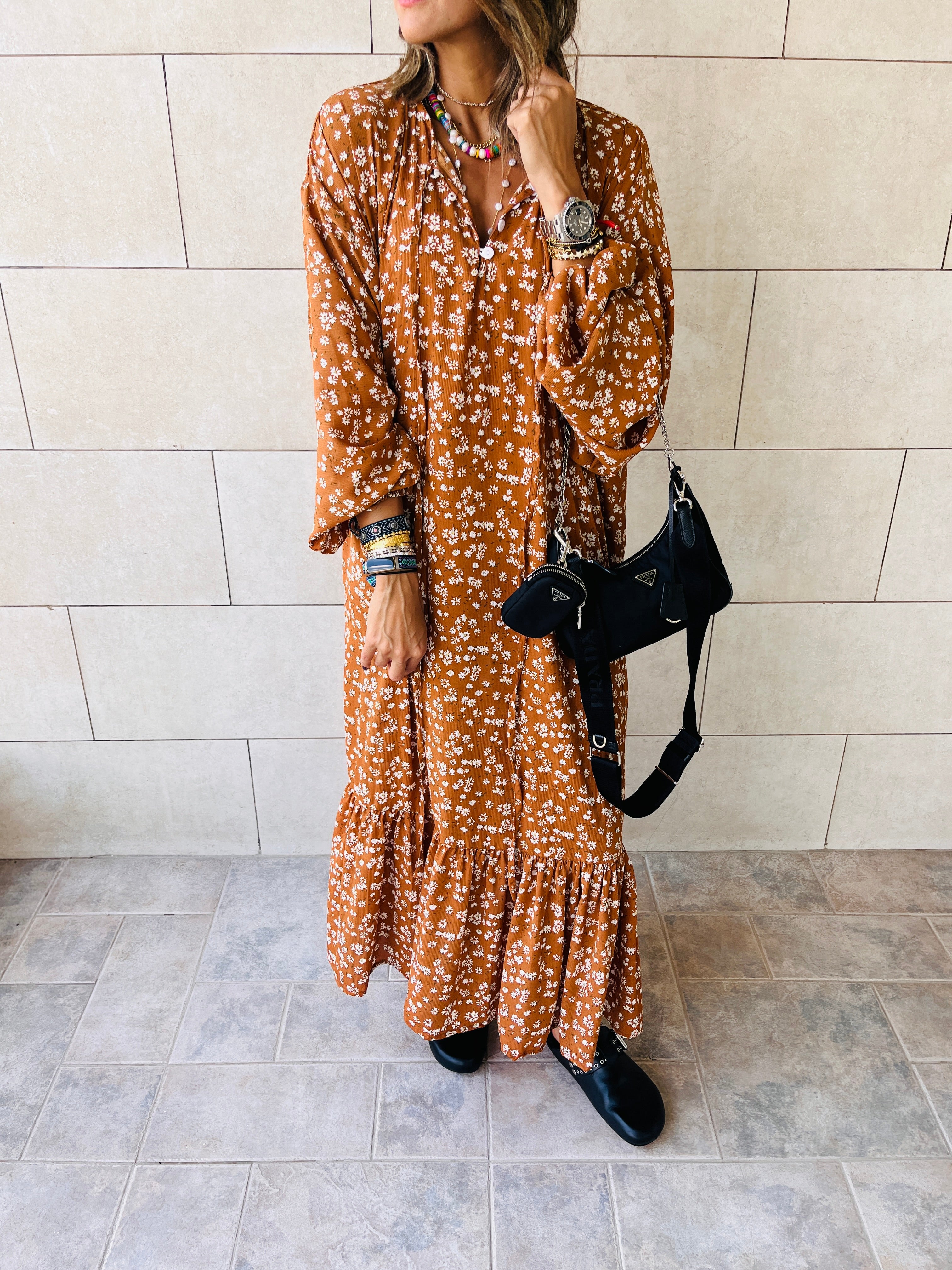 Rust Fall Floral Printed Dress