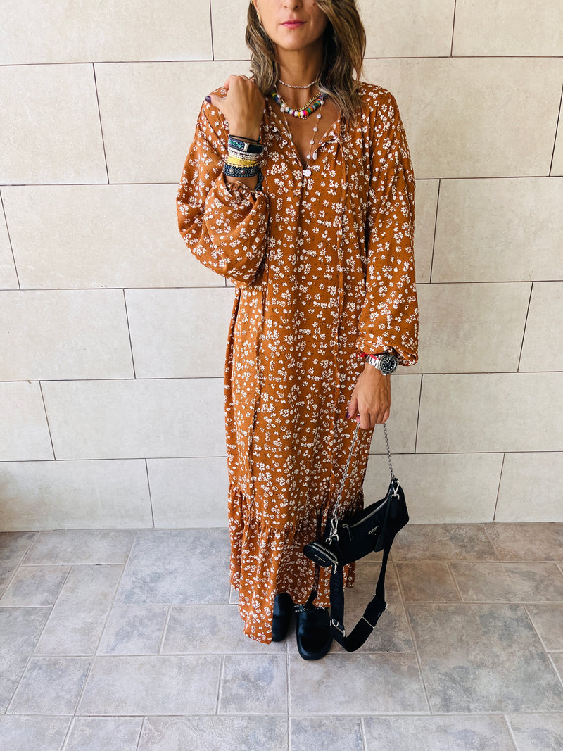 Rust Fall Floral Printed Dress