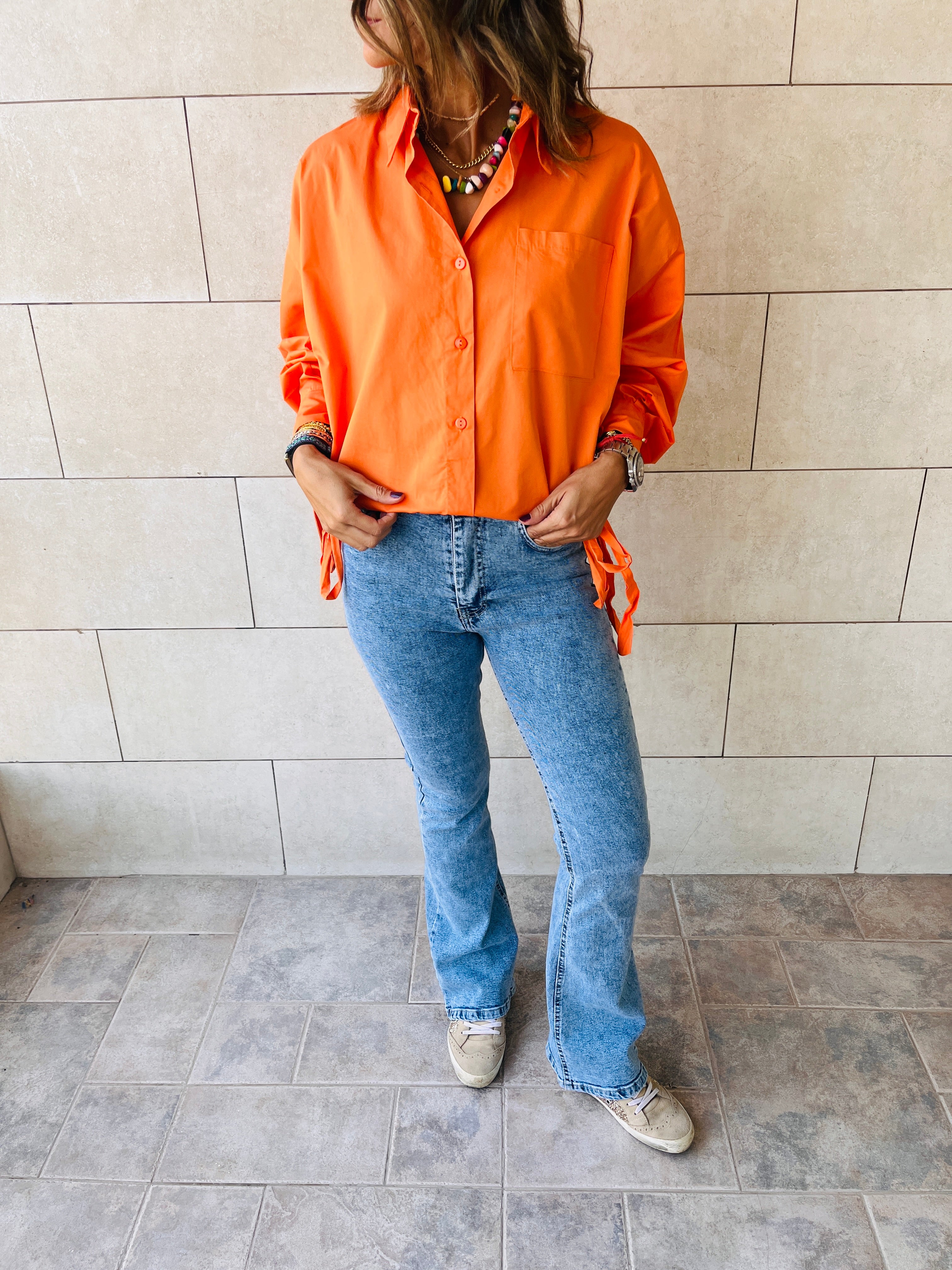 Orange Side Tie Short Shirt