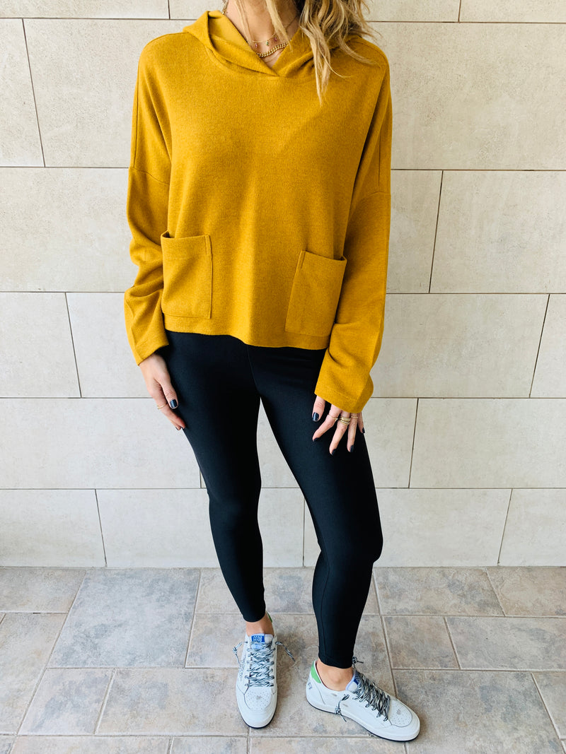 Mustard Cropped Downtown Knit Hoodie