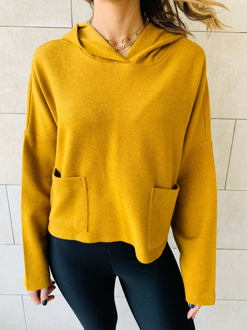 Mustard Cropped Downtown Knit Hoodie