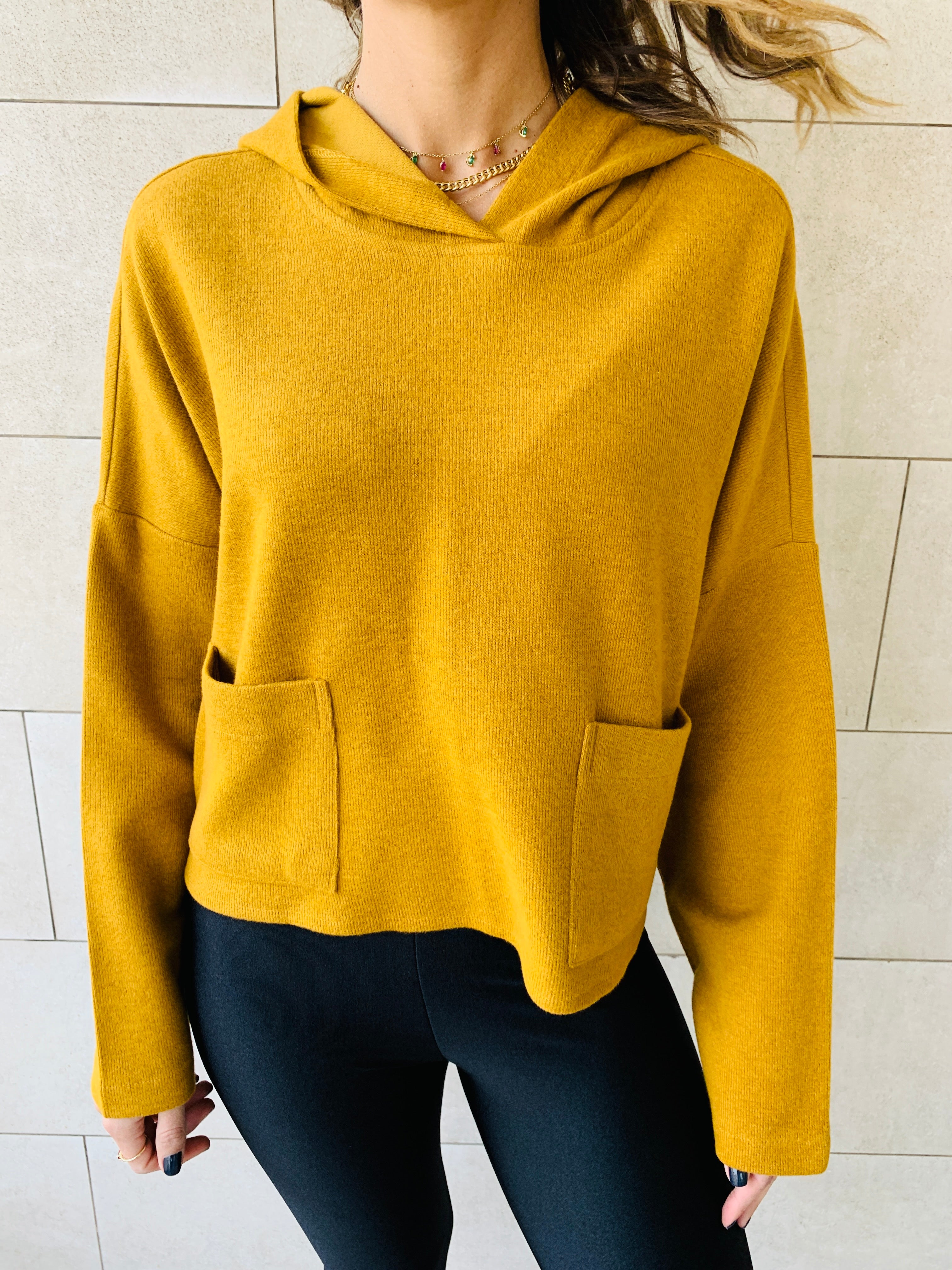 Mustard Cropped Downtown Knit Hoodie