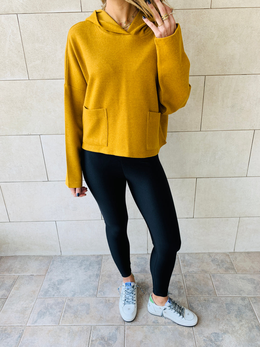 Mustard Cropped Downtown Knit Hoodie