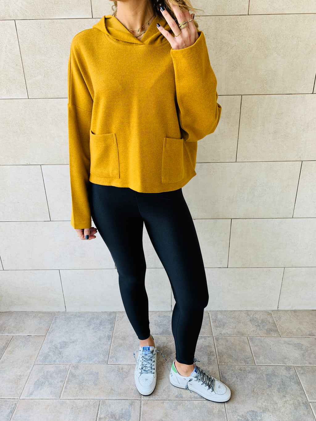 Mustard Cropped Downtown Knit Hoodie
