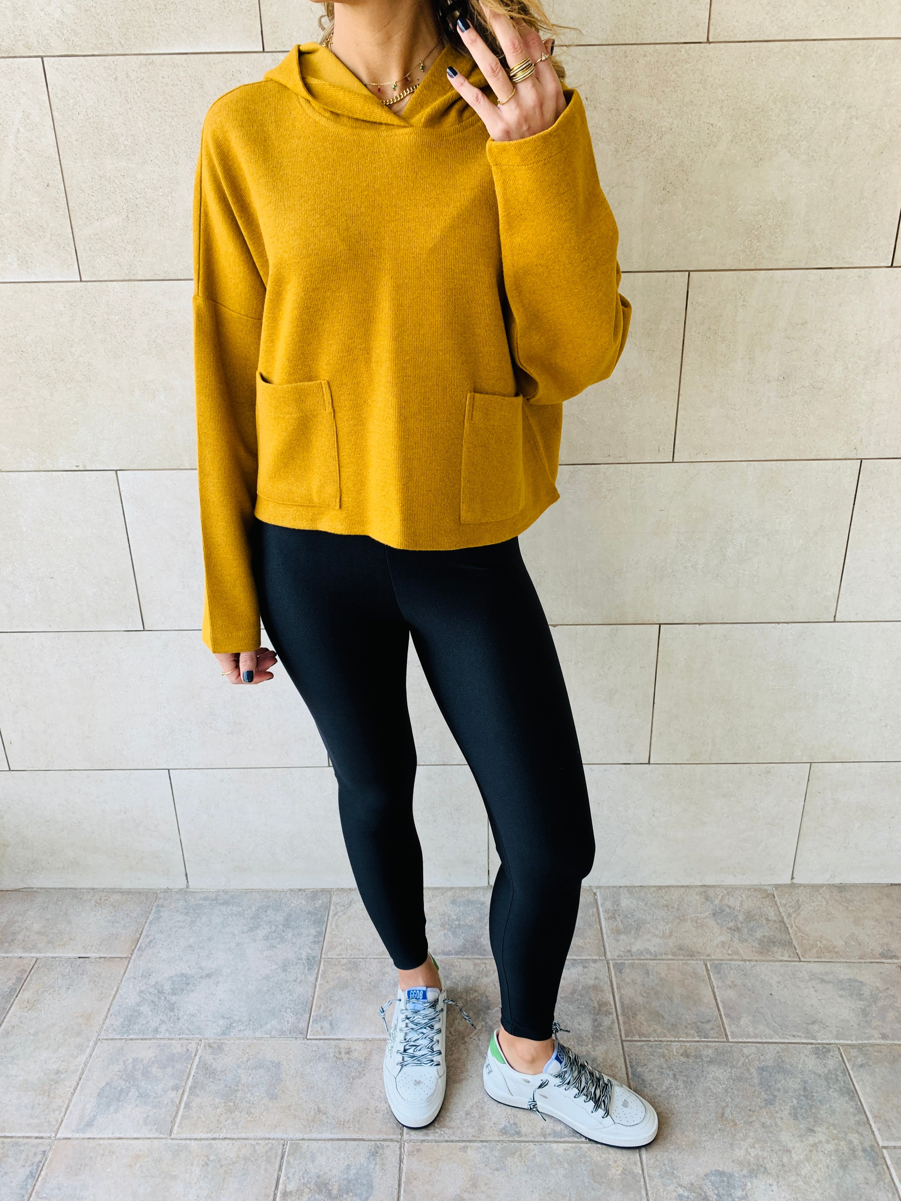 Mustard Cropped Downtown Knit Hoodie