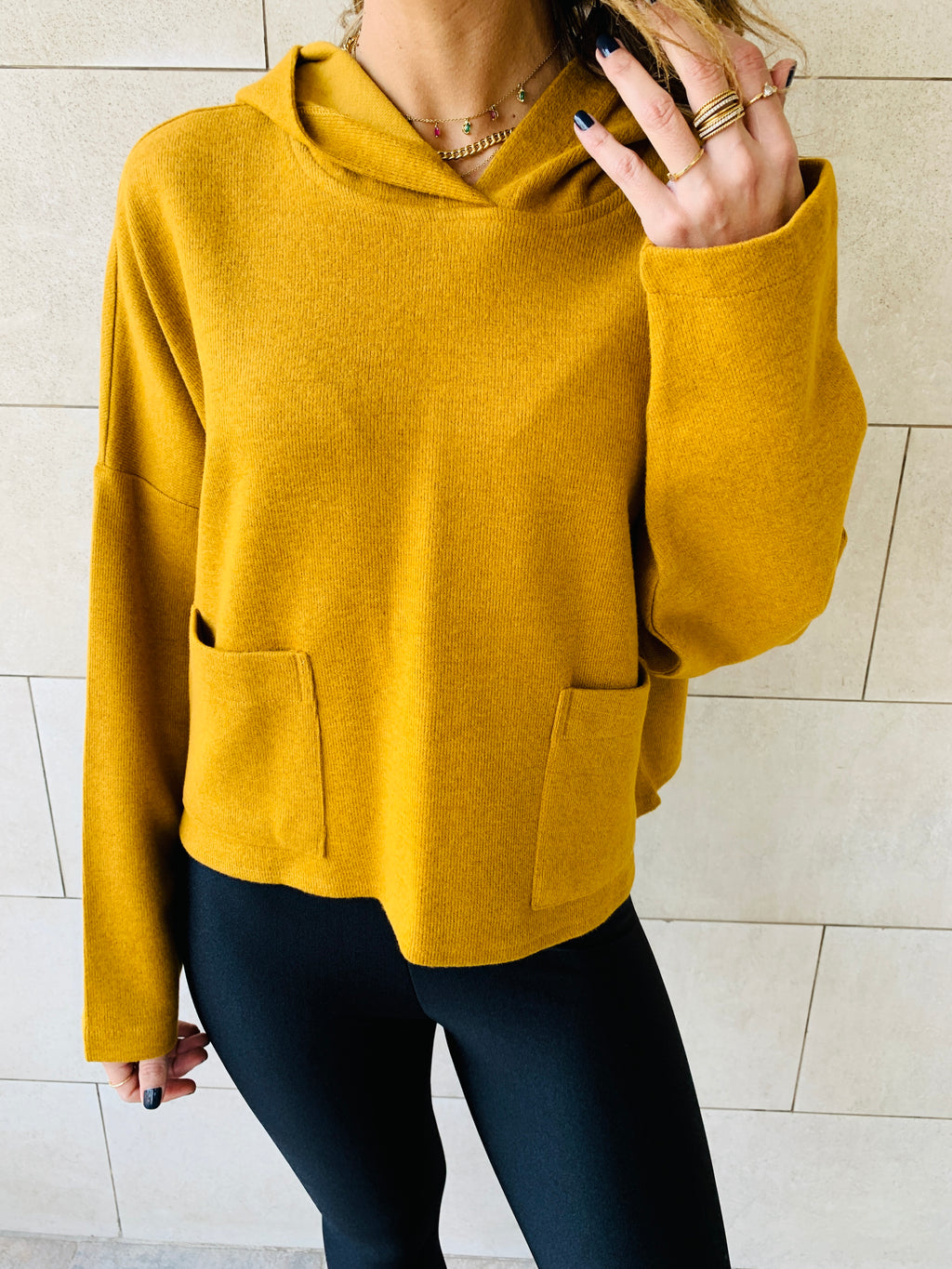 Mustard Cropped Downtown Knit Hoodie