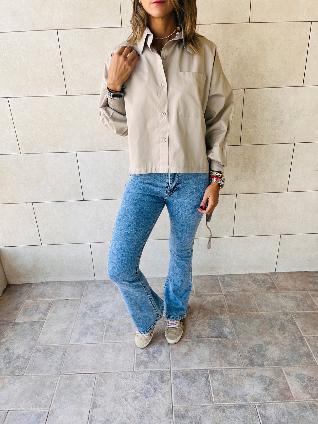 Beige Side Tie Short Shirt
