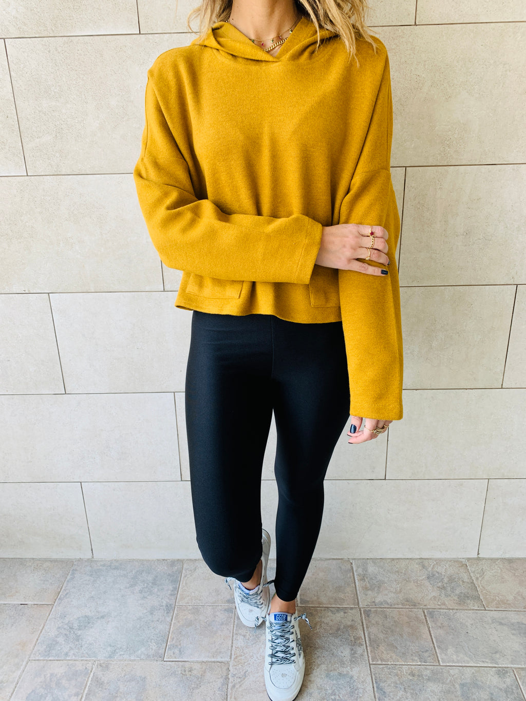 Mustard Cropped Downtown Knit Hoodie
