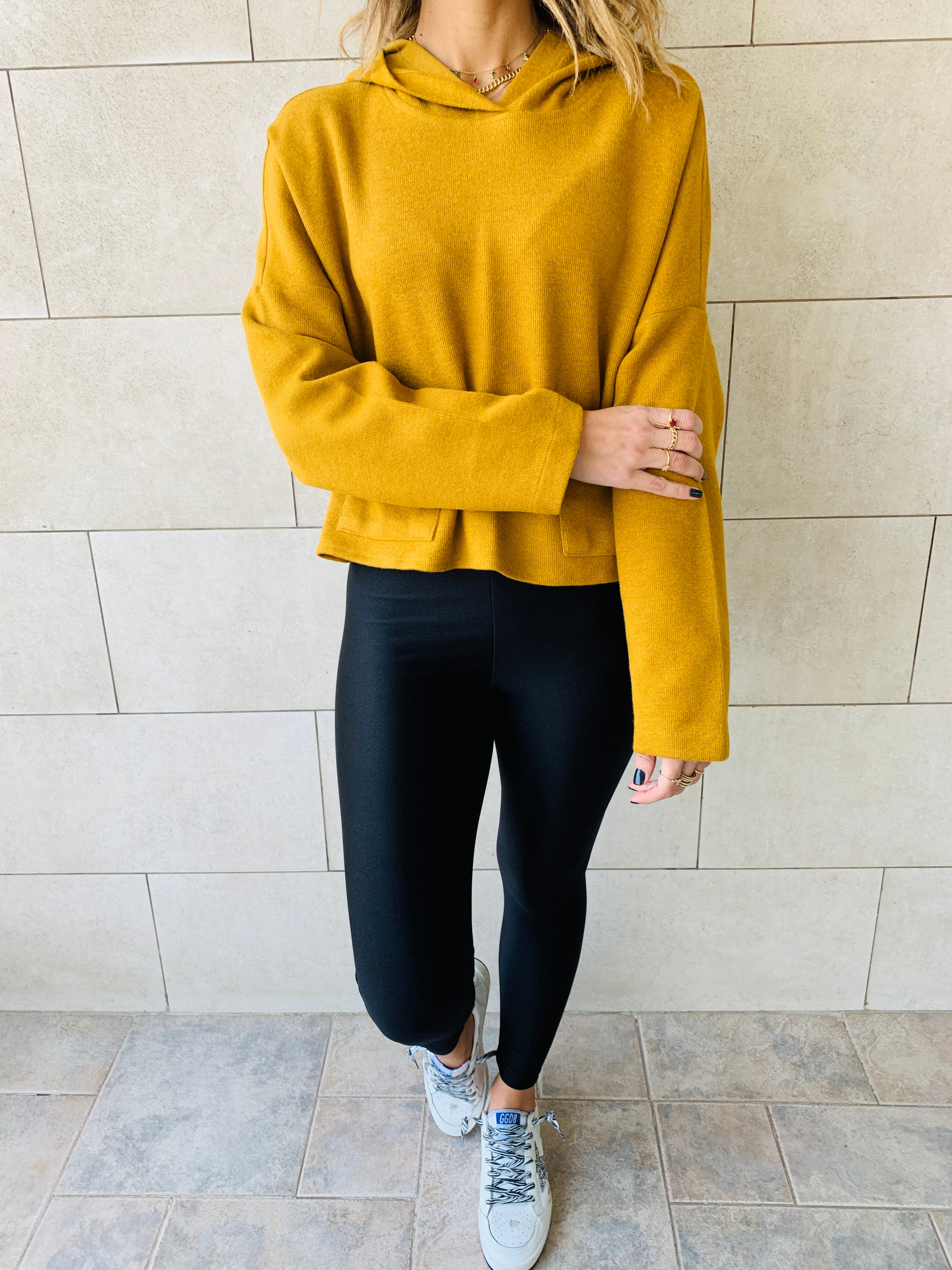 Mustard Cropped Downtown Knit Hoodie
