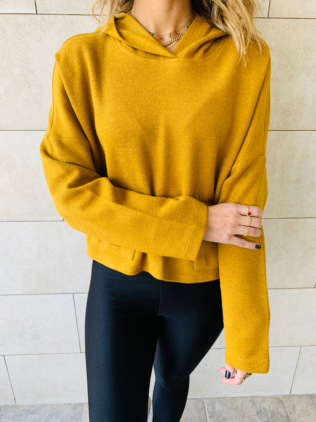 Mustard Cropped Downtown Knit Hoodie