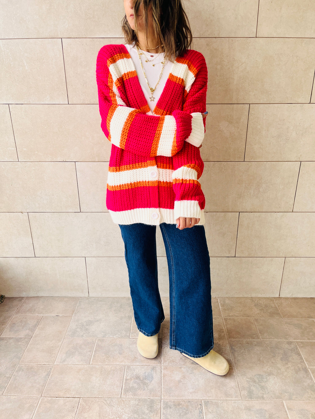 Fuchsia & White Clear Skies Chunky Cardi