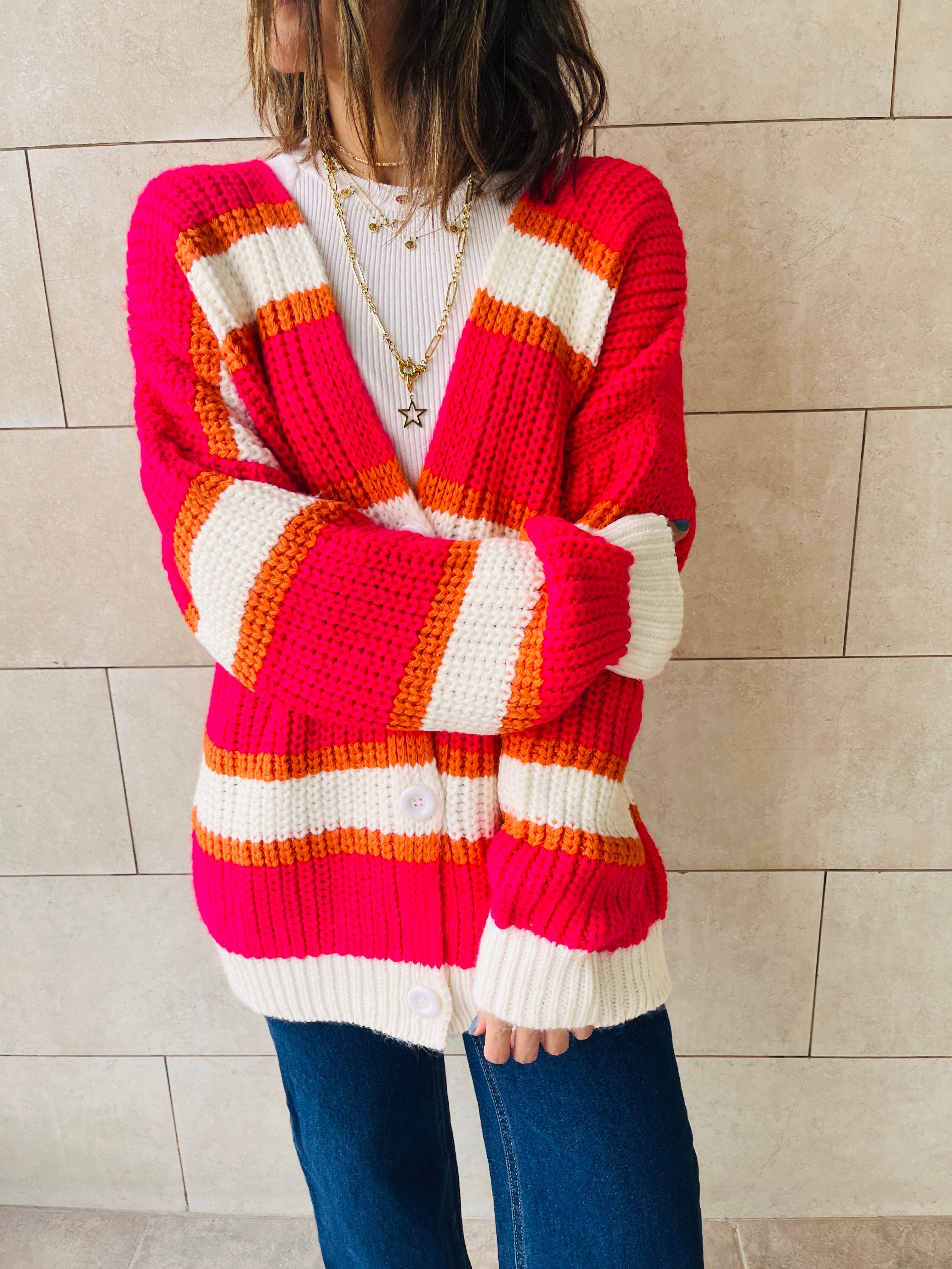 Fuchsia & White Clear Skies Chunky Cardi