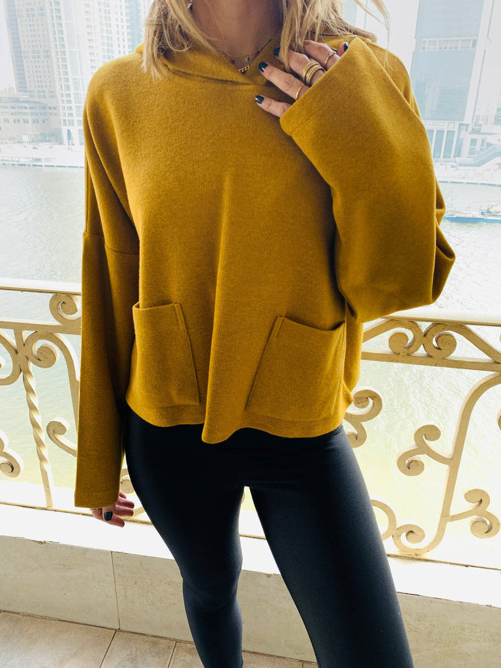 Mustard Cropped Downtown Knit Hoodie