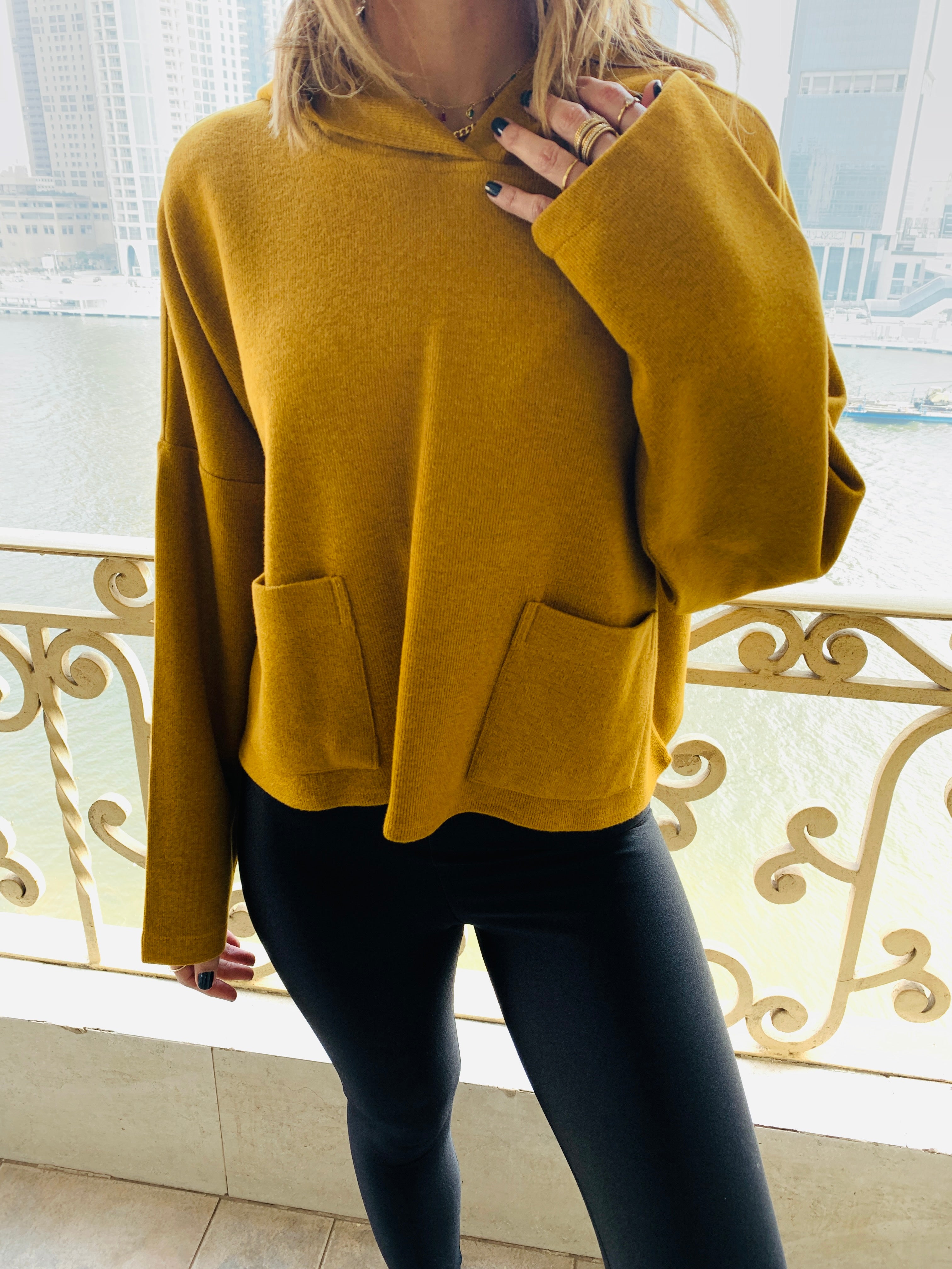 Mustard Cropped Downtown Knit Hoodie