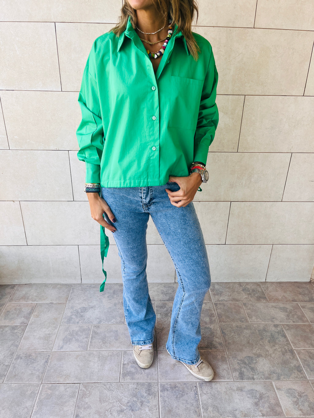 Green Side Tie Short Shirt