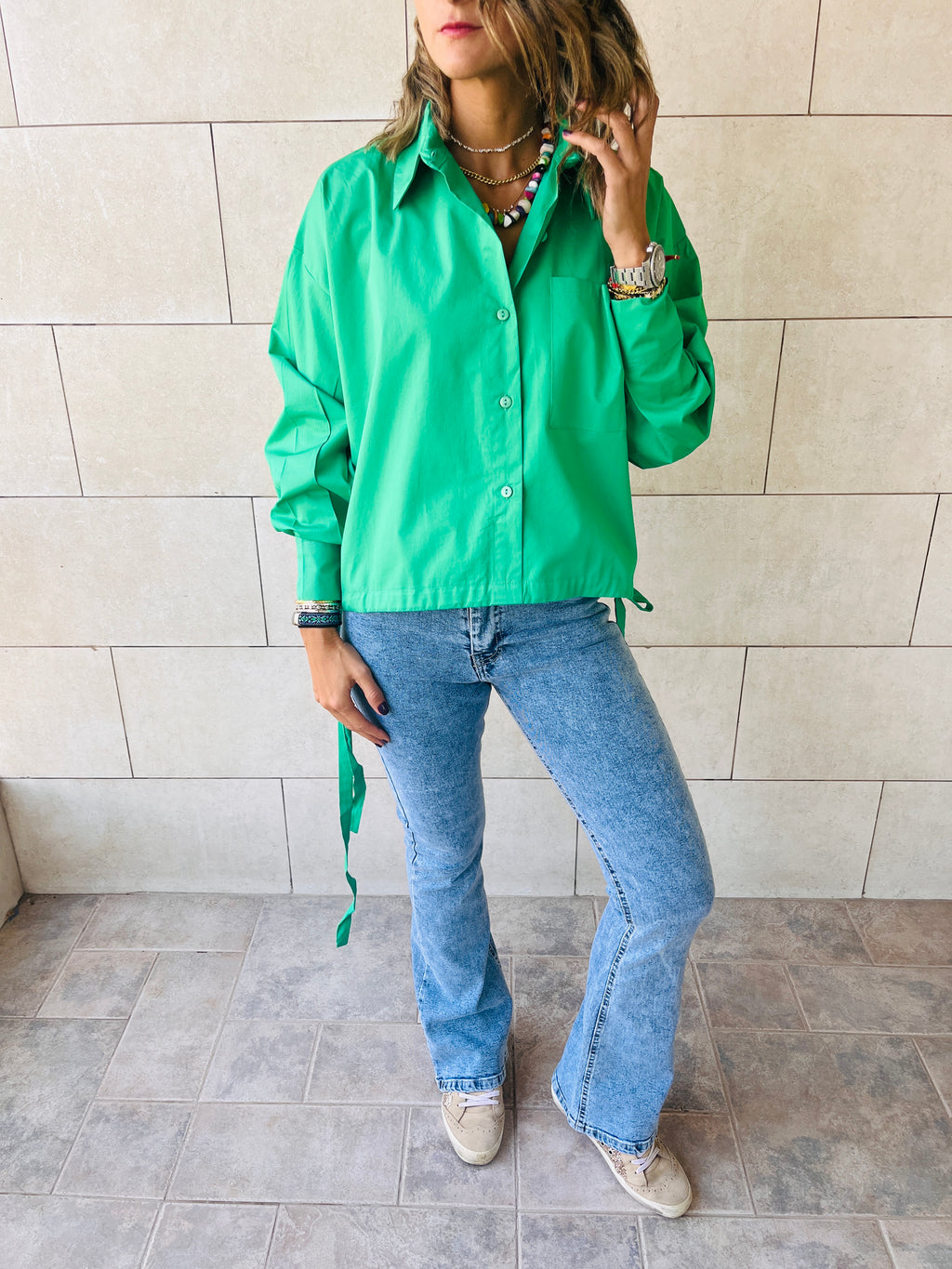 Green Side Tie Short Shirt