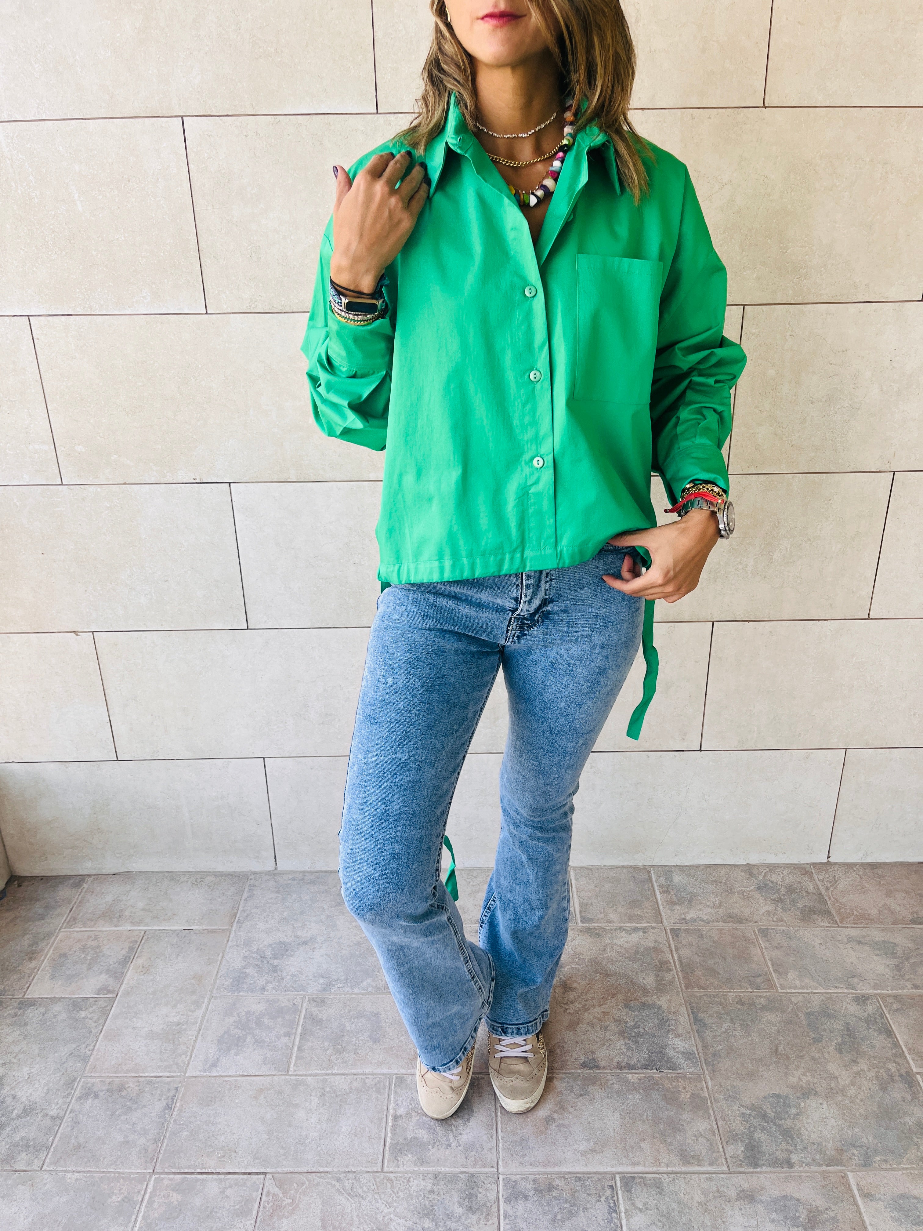 Green Side Tie Short Shirt