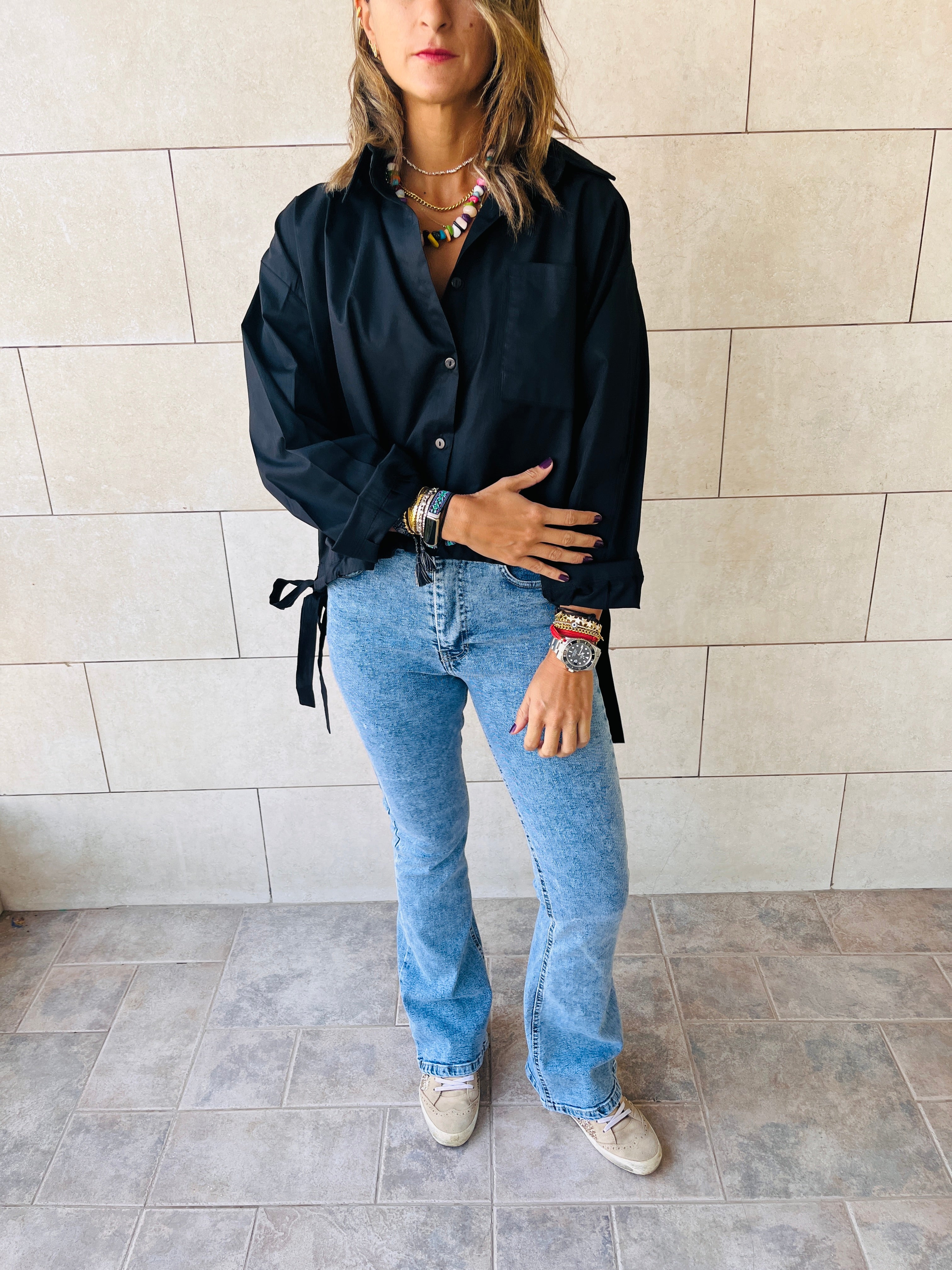 Black Side Tie Short Shirt