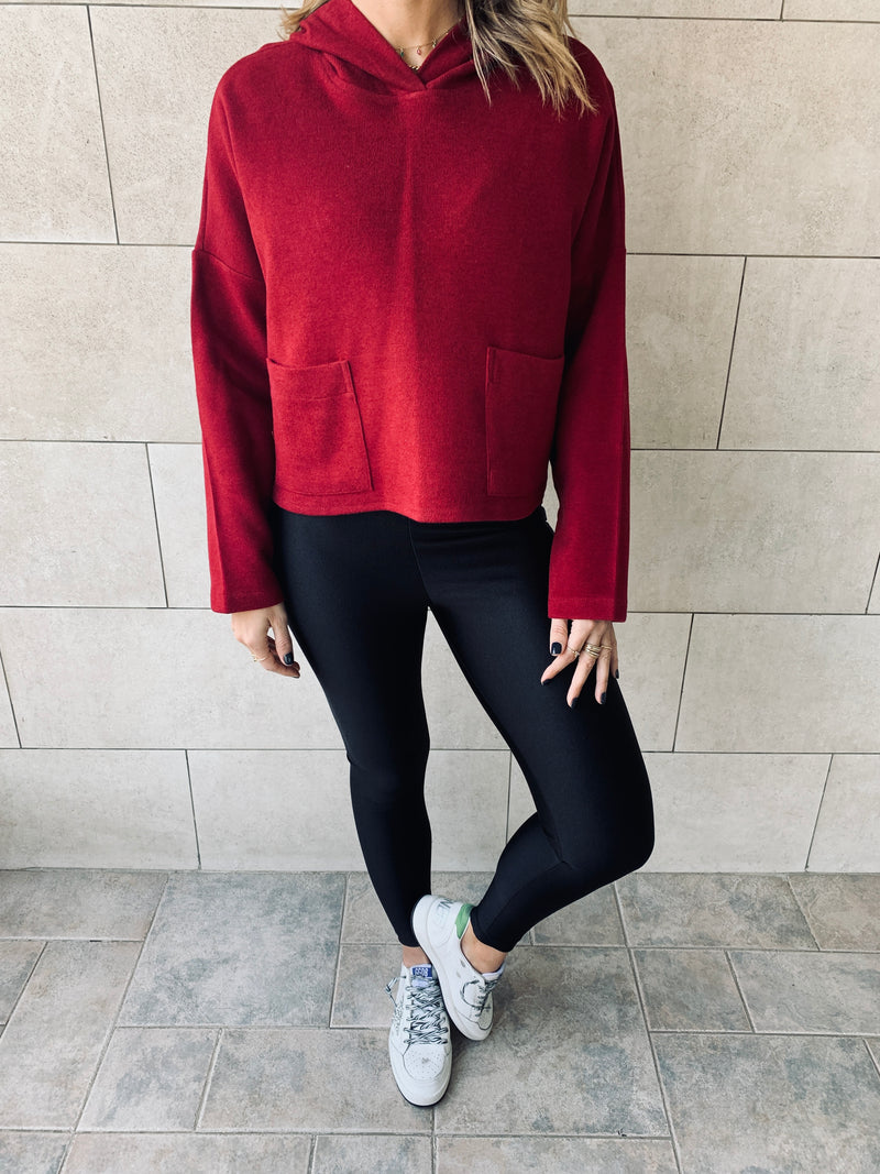 Burgundy Cropped Downtown Knit Hoodie