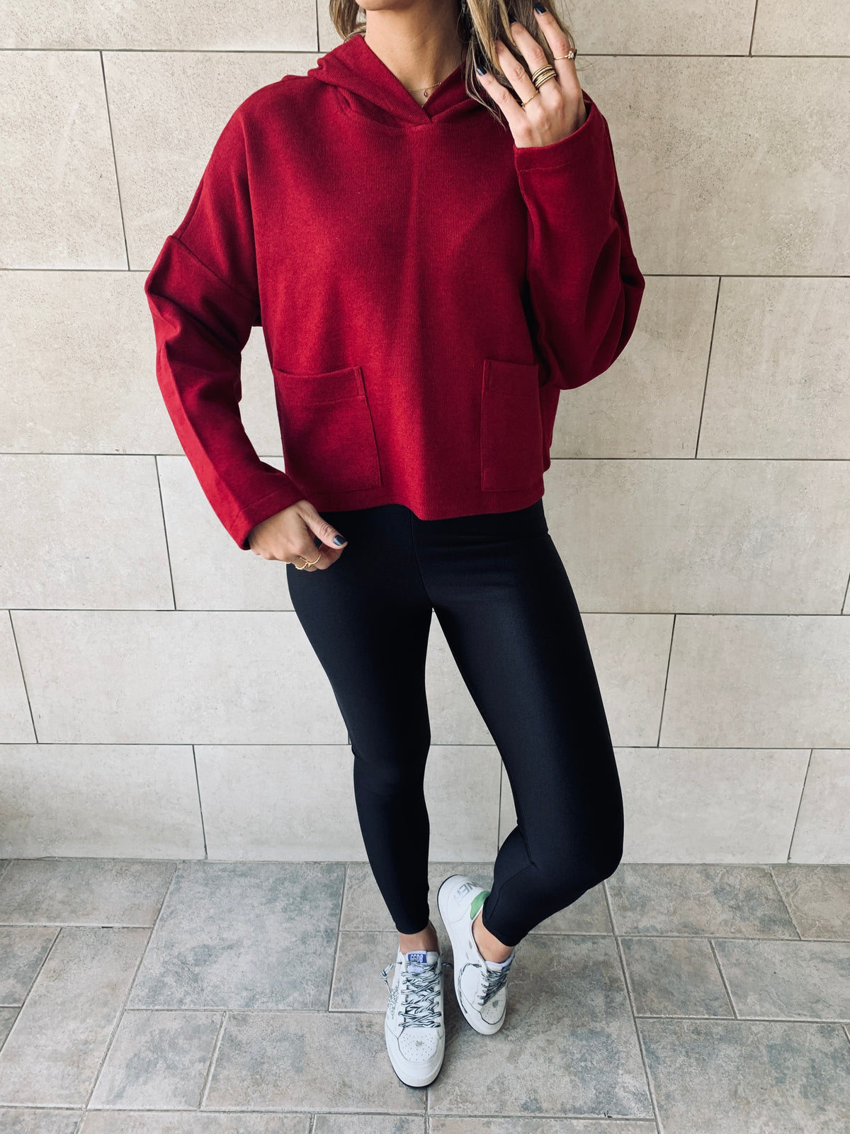 Burgundy Cropped Downtown Knit Hoodie