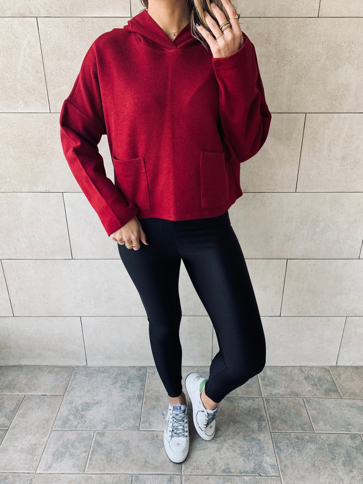 Burgundy Cropped Downtown Knit Hoodie