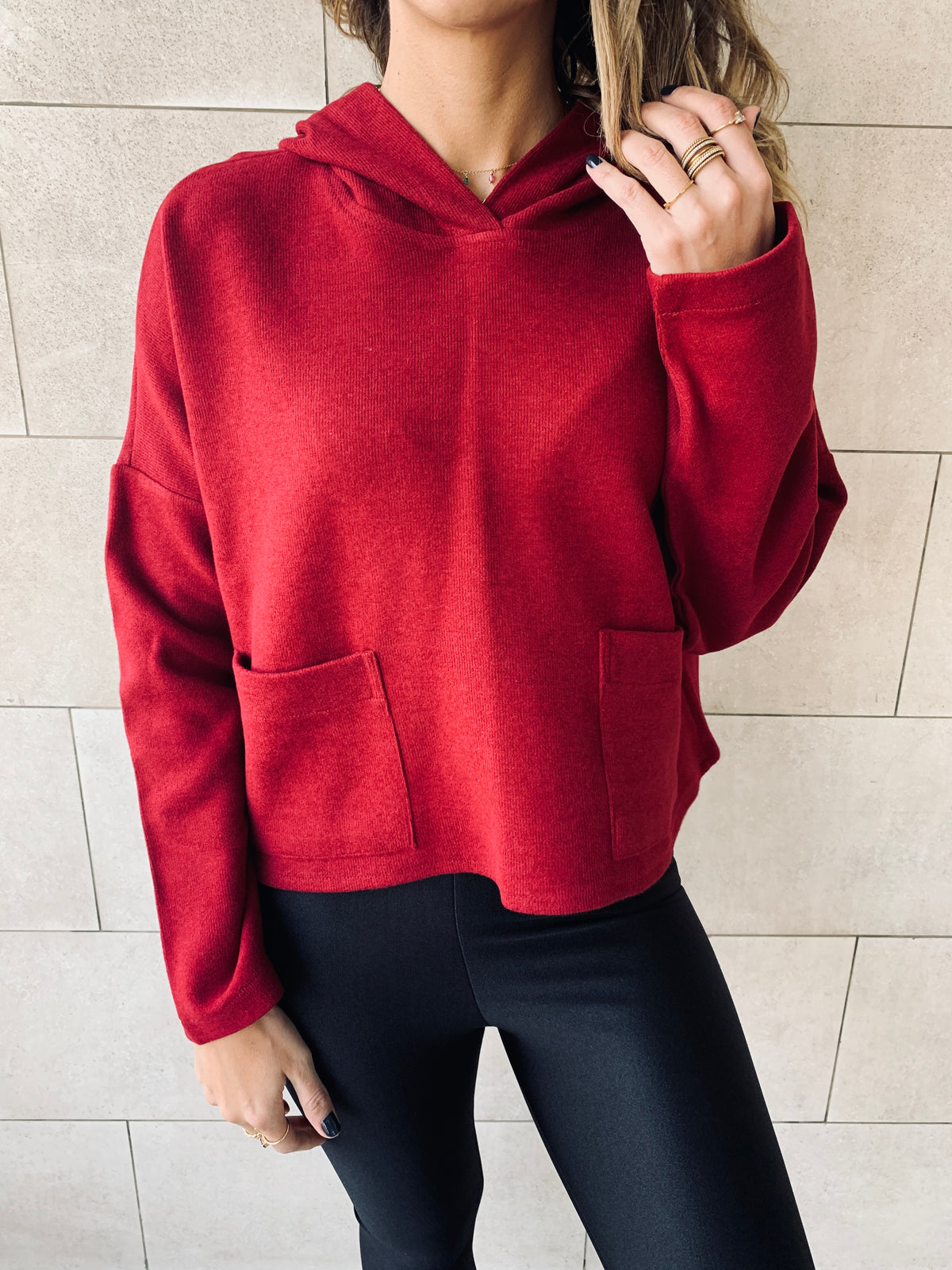 Burgundy Cropped Downtown Knit Hoodie