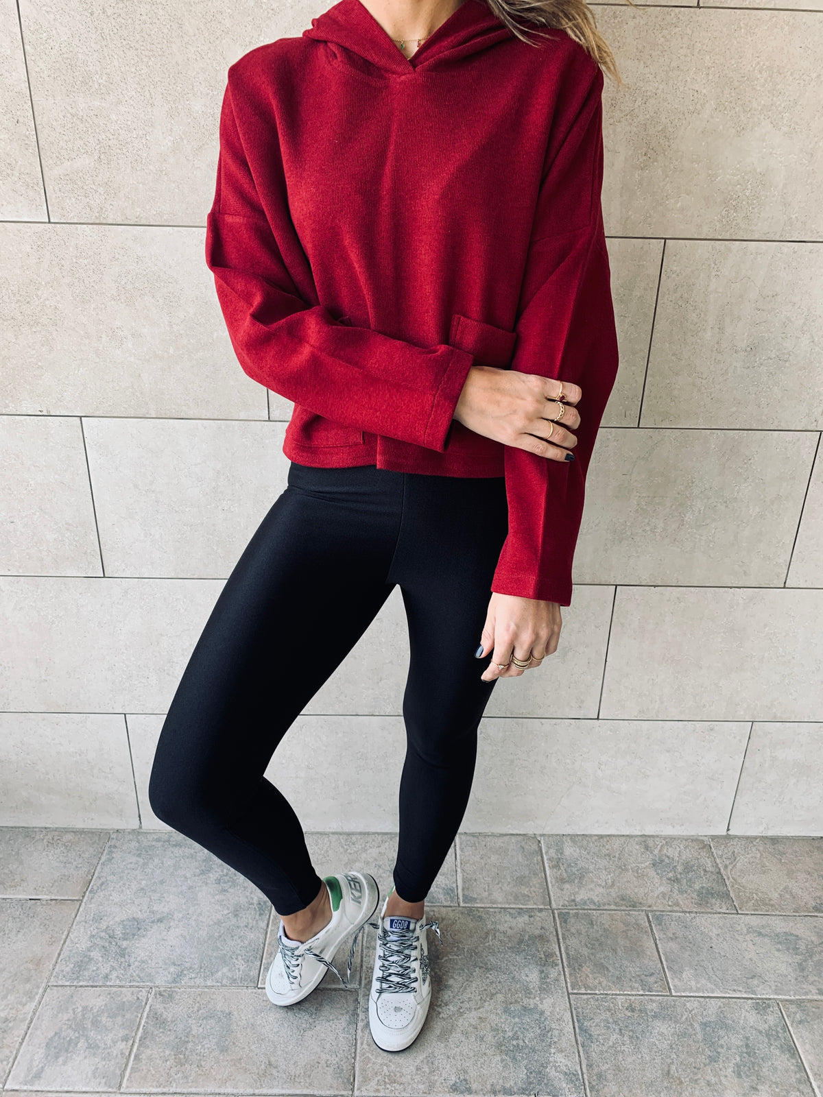 Burgundy Cropped Downtown Knit Hoodie