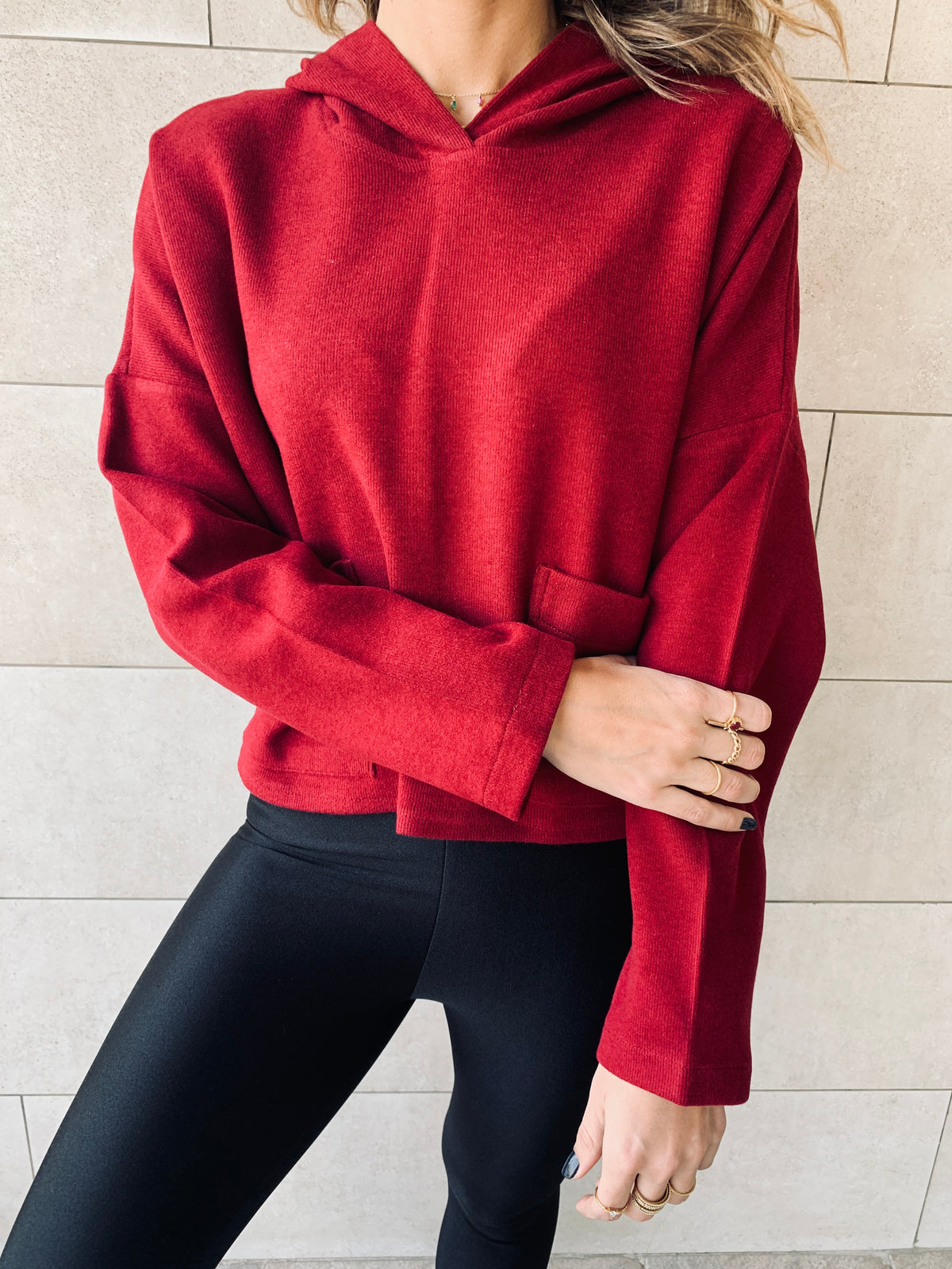 Burgundy Cropped Downtown Knit Hoodie