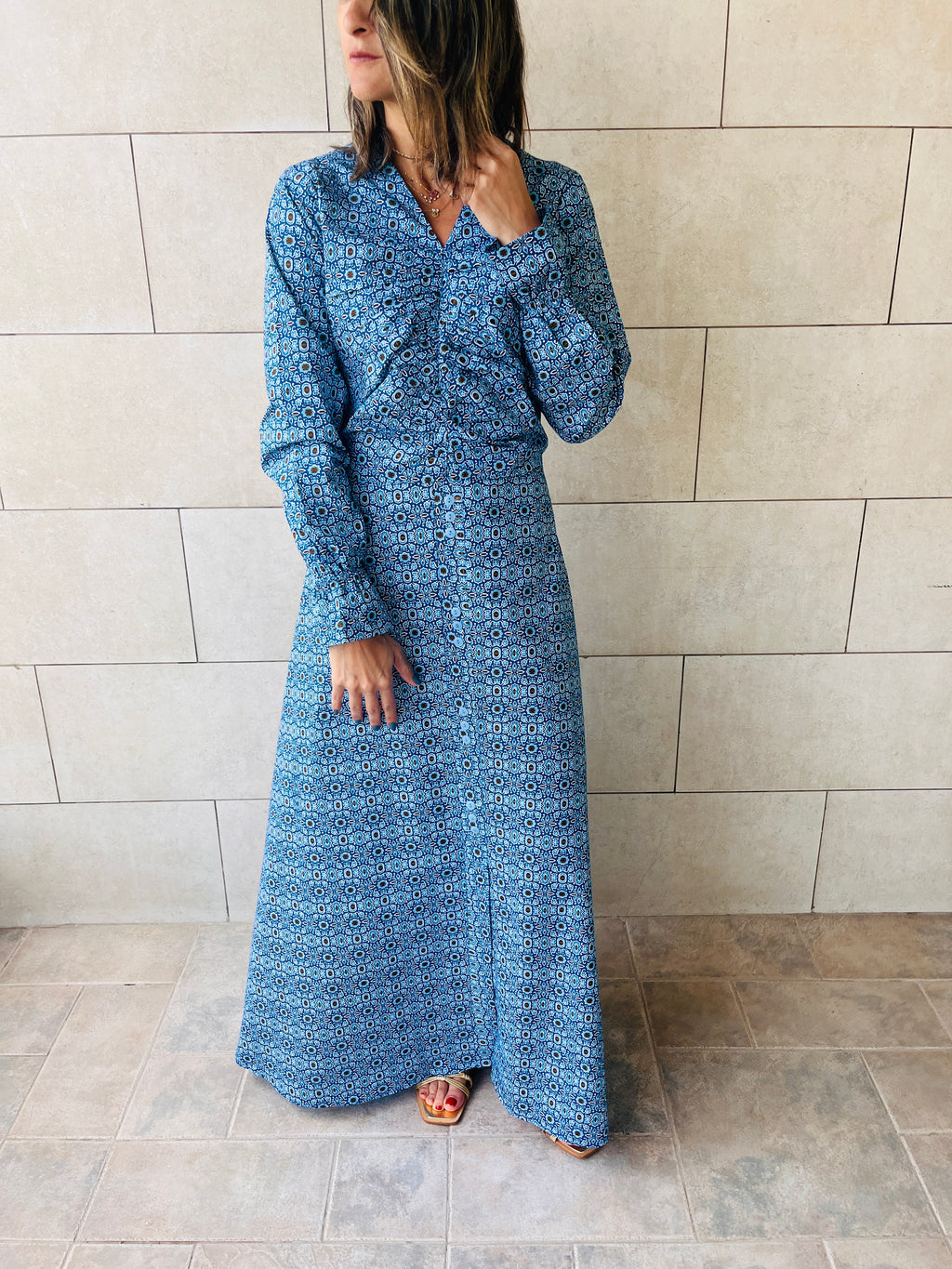 Blue Gathered Print Dress Poplin
