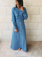 Blue Gathered Print Dress Poplin