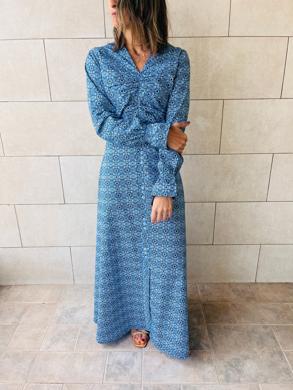 Blue Gathered Print Dress Poplin