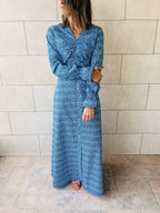 Blue Gathered Print Dress Poplin