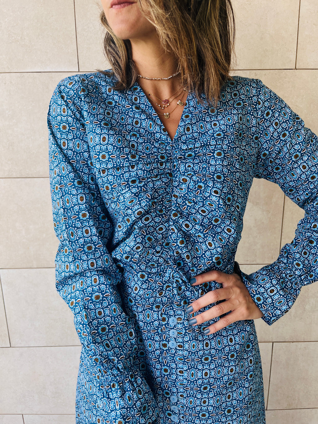 Blue Gathered Print Dress Poplin